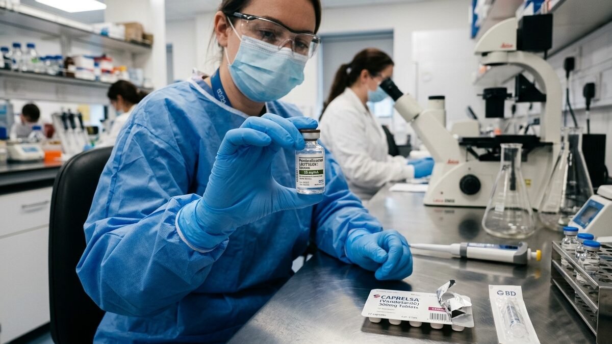 Pesquisadora em laboratório farmacêutico segurando frasco de medicamento inovador contra câncer de pulmão.