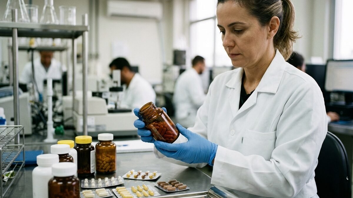 Bancada de laboratório de fiscalização sanitária com frascos de suplementos vitamínicos em inspeção.