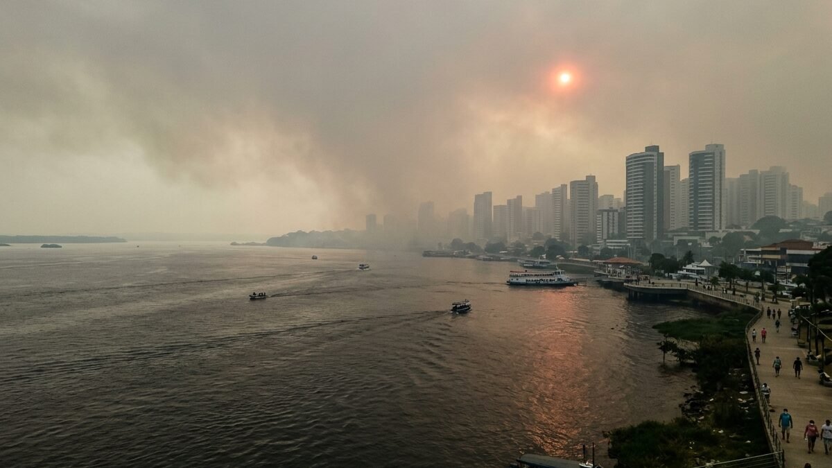 Vista panorâmica de Manaus encoberta por densa névoa de fumaça durante a estiagem.