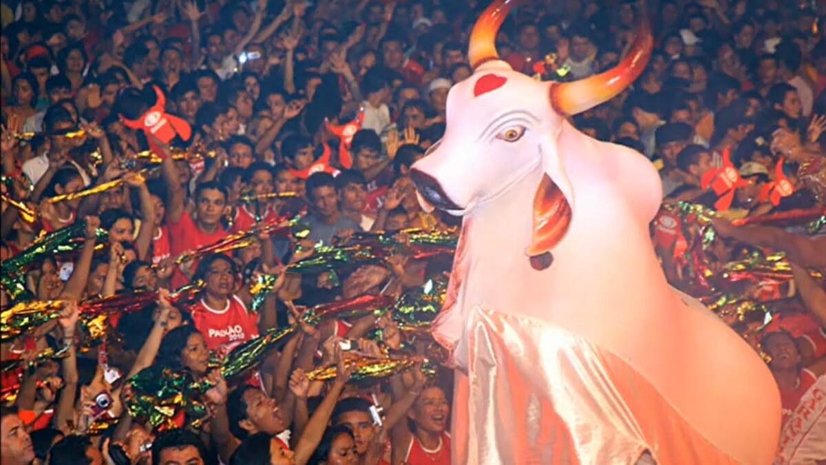 Apresentação cultural do Boi Garantido na arena de Parintins com galera e alegorias.
