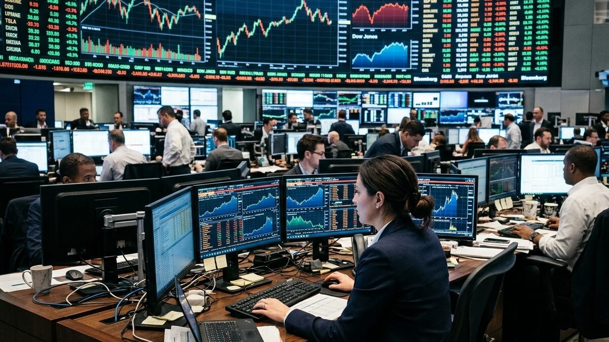 Painel eletrônico dinâmico da Bolsa de Valores com cotações e gráficos oscilando no pregão financeiro.