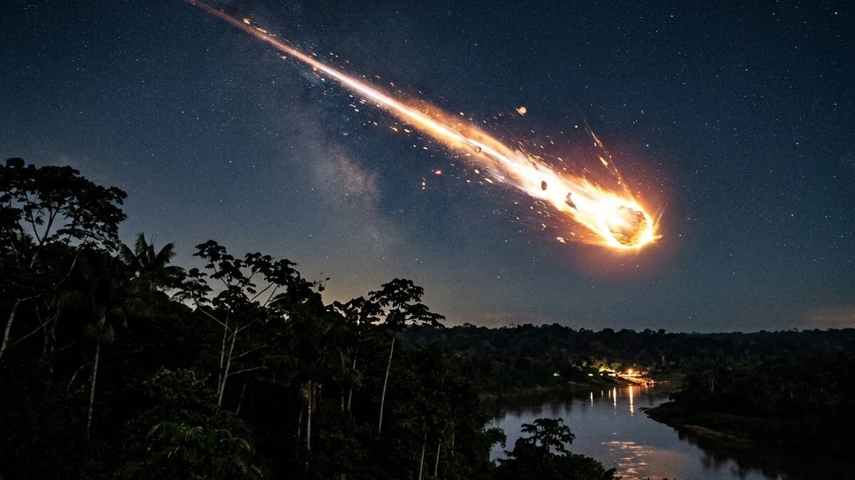 Clarão luminoso e rastro incandescente no céu noturno da Amazônia visto por moradores.
