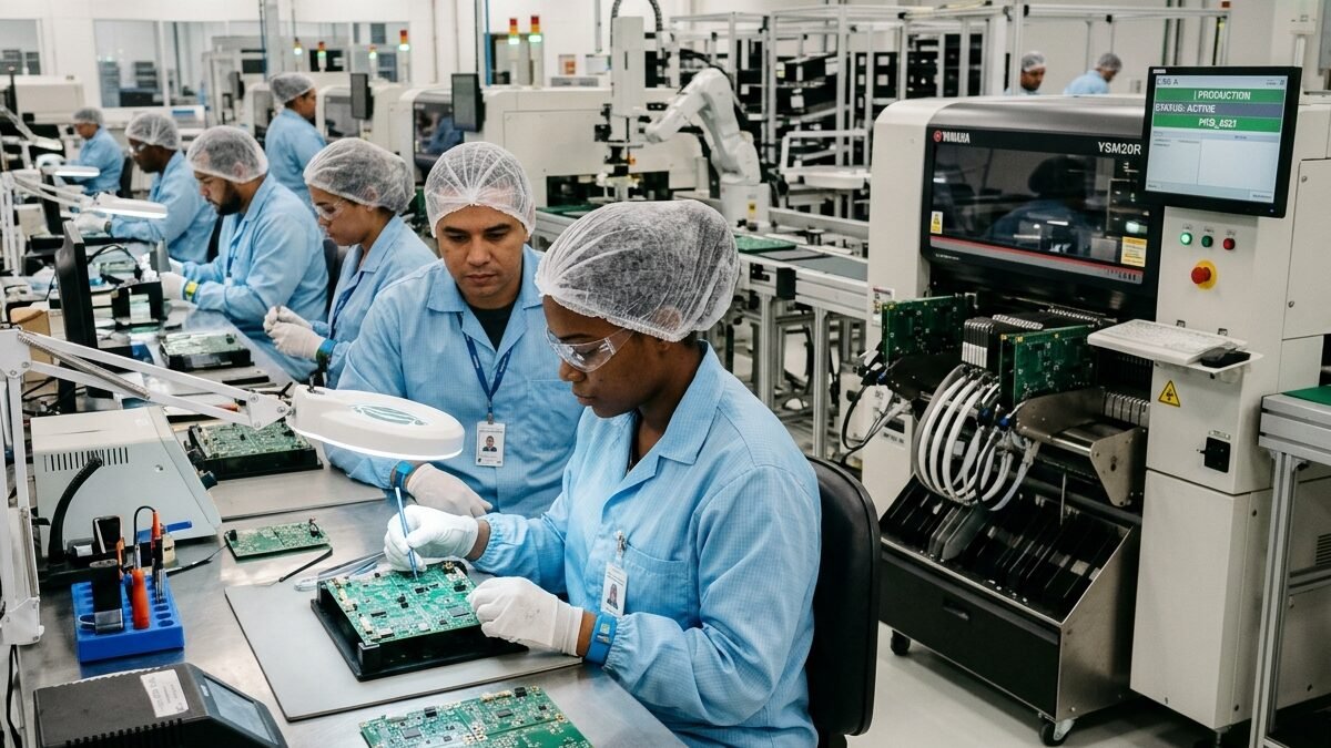 Linha de produção industrial de eletroeletrônicos no Polo Industrial de Manaus.
