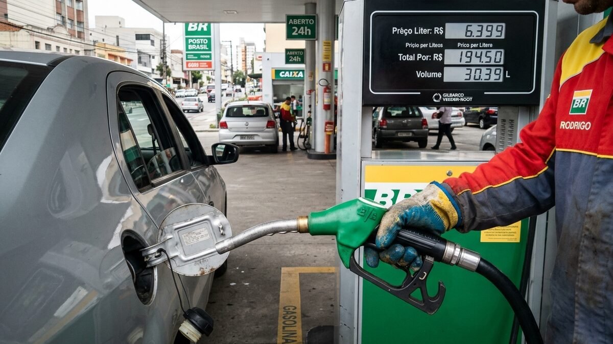 Bomba de abastecimento de combustível em posto de serviços no Brasil com display digital em operação.