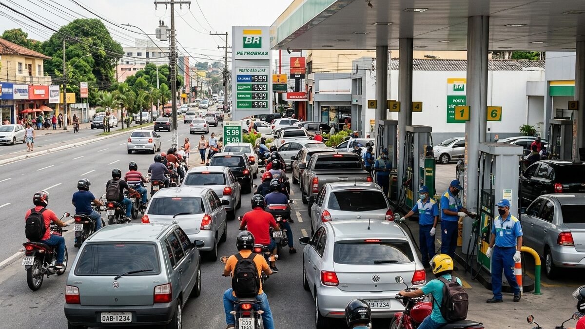 Fila de veículos aguardando abastecimento em posto de combustíveis em avenida de Manaus.