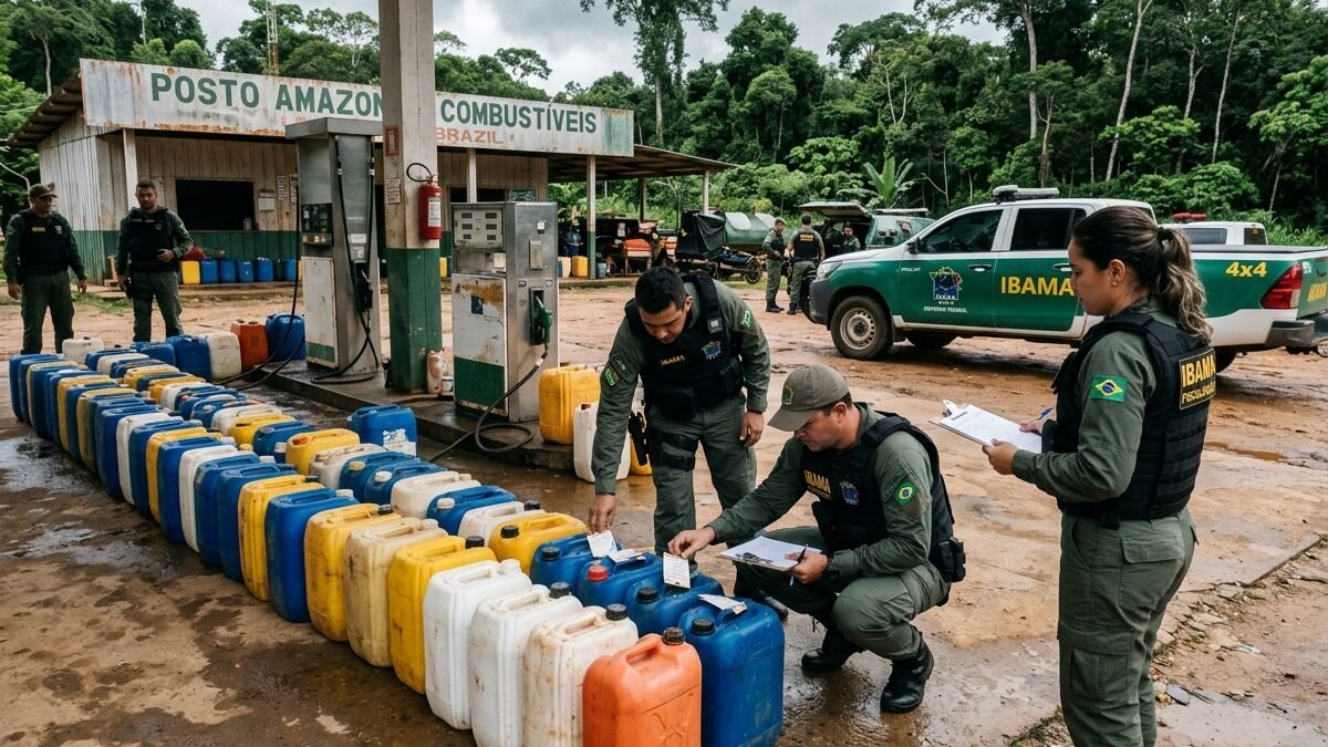 Galões de combustível e recipientes portáteis em pátio de fiscalização e controle ambiental no Amazonas.