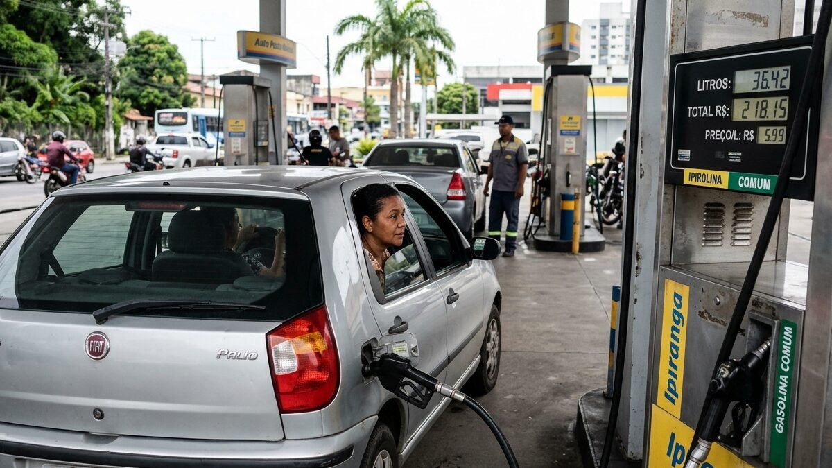 Motorista observando atentamente o abastecimento de seu veículo em posto de combustíveis em Manaus.