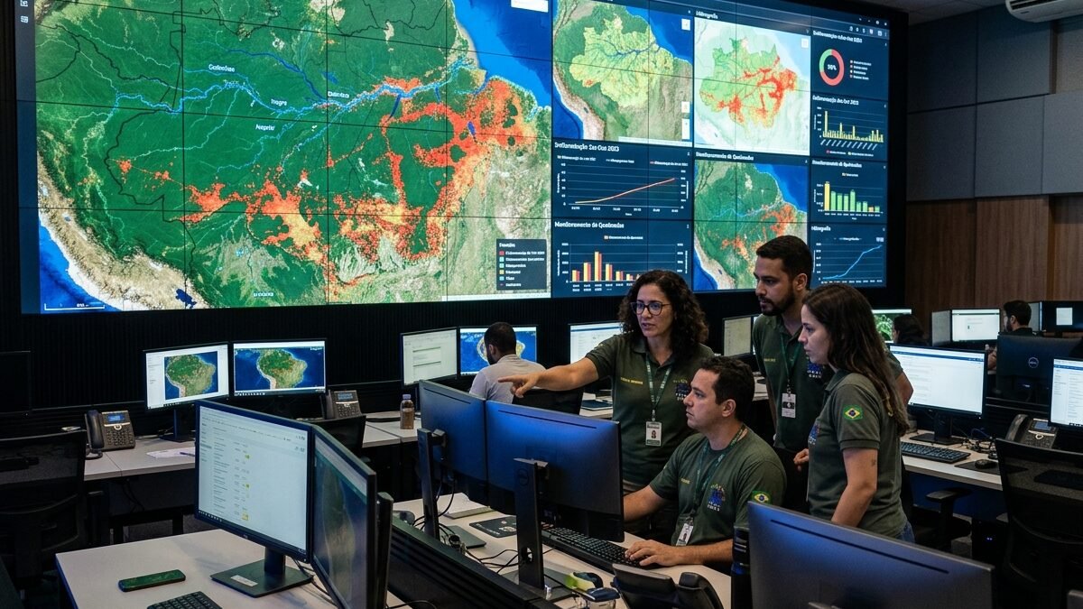 Centro de inteligência e tecnologia exibindo tela com mapas geoespaciais interativos da Amazônia.