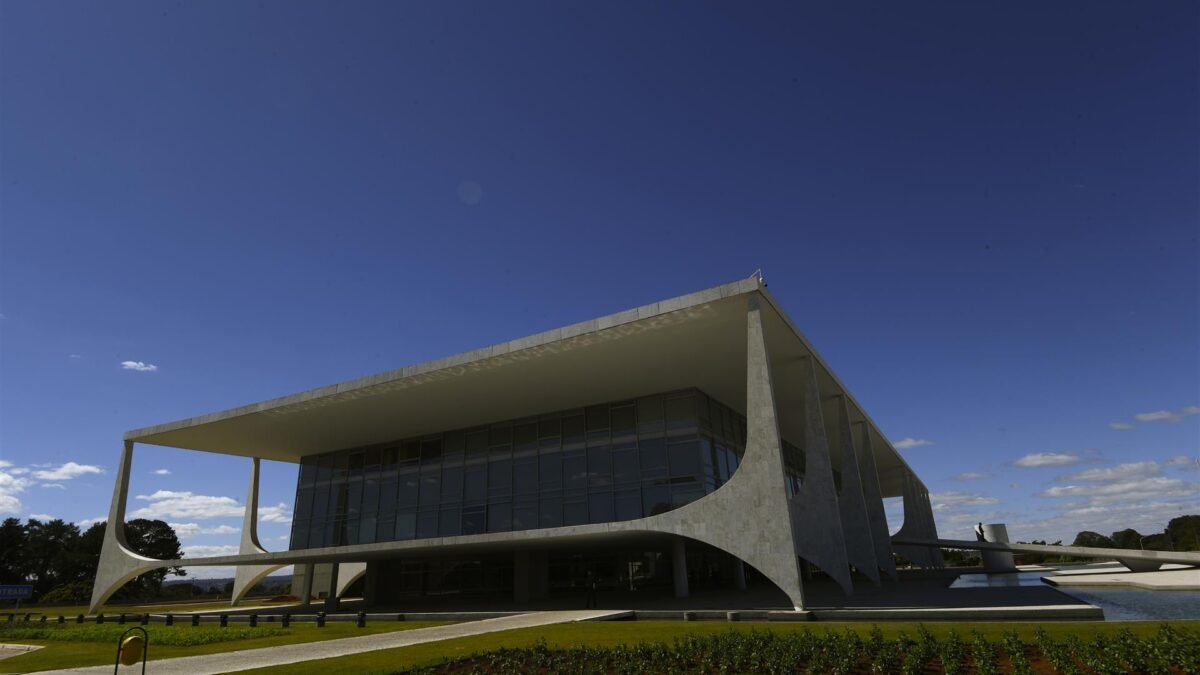 Fachada oficial do Palácio do Planalto em Brasília com os espelhos d’água sob luz diurna.