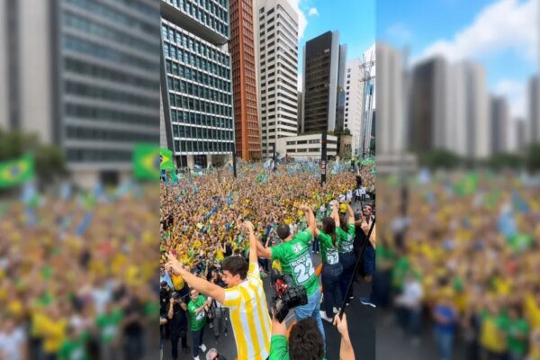 Com funk e axé, Flávio Bolsonaro transforma ato político em bloco de carnaval na Av. Paulista