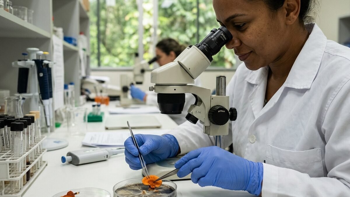 Pesquisador em laboratório do INPA em Manaus analisando amostras de fungos em placas de petri.