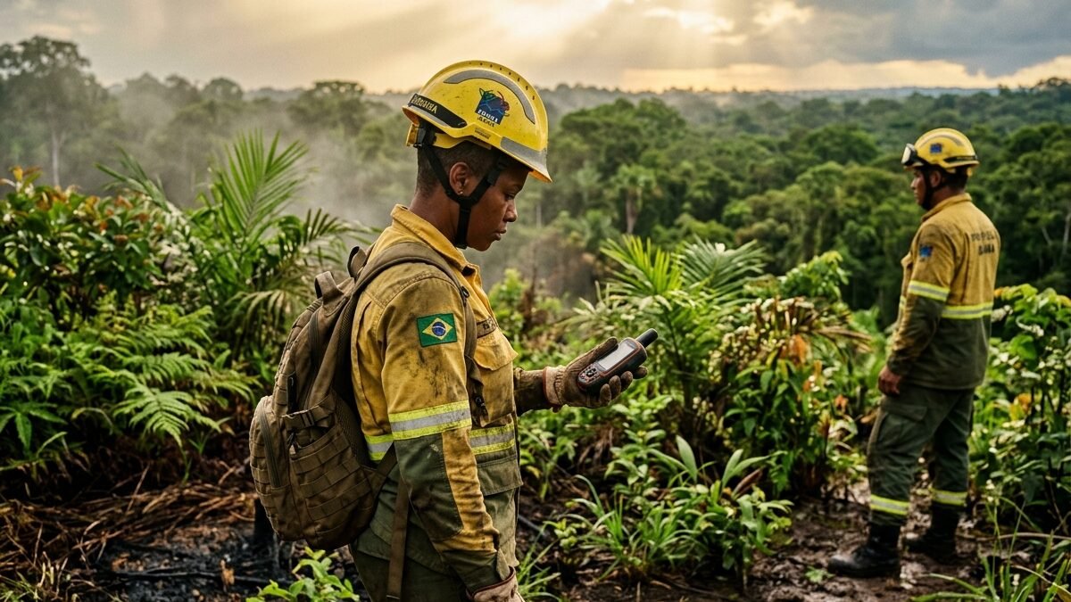 Brigadistas ambientais do Prevfogo em campo na Amazônia monitorando área florestal em processo de arrefecimento.