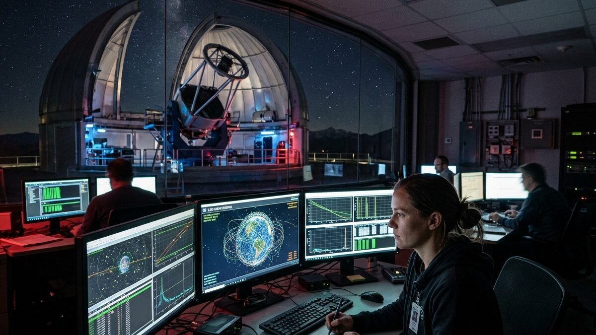 Estação de monitoramento aeroespacial e dados orbitais de satélites e lixo espacial.