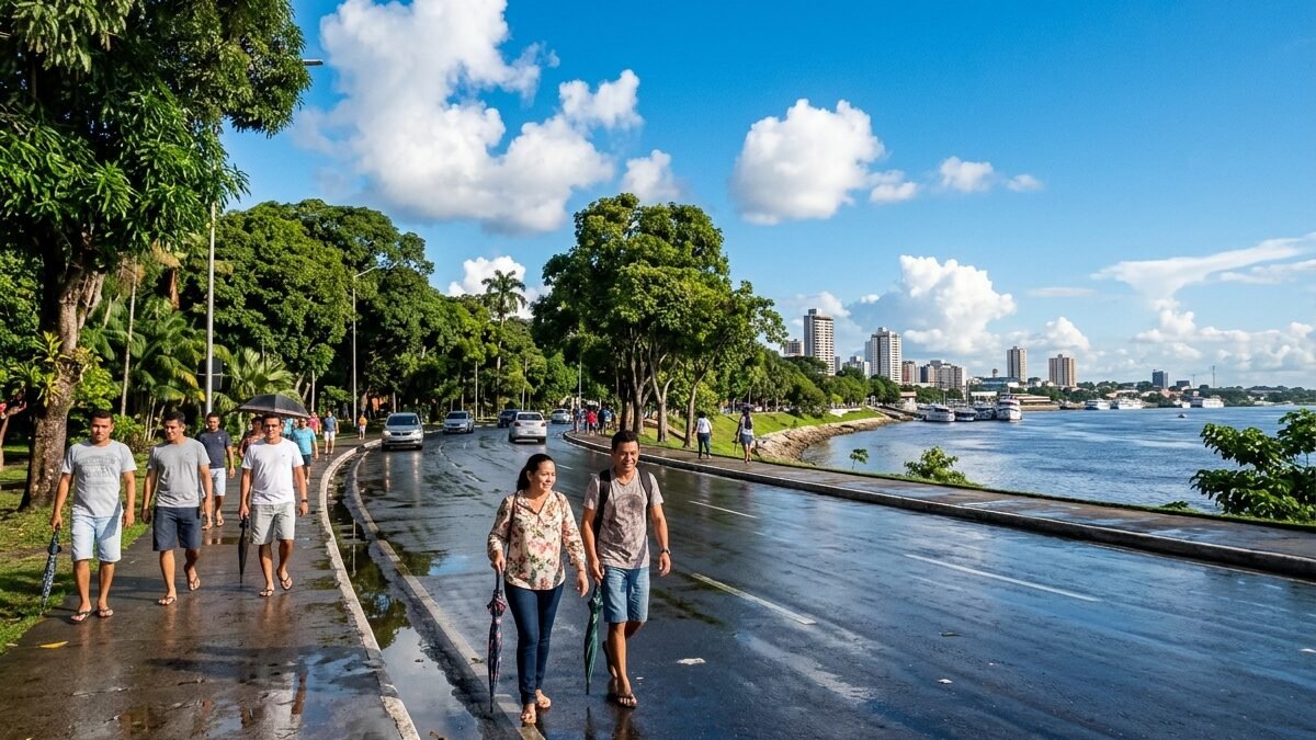 Paisagem urbana e arborizada de Manaus sob céu limpo e asfalto molhado após chuva matinal refrescante.