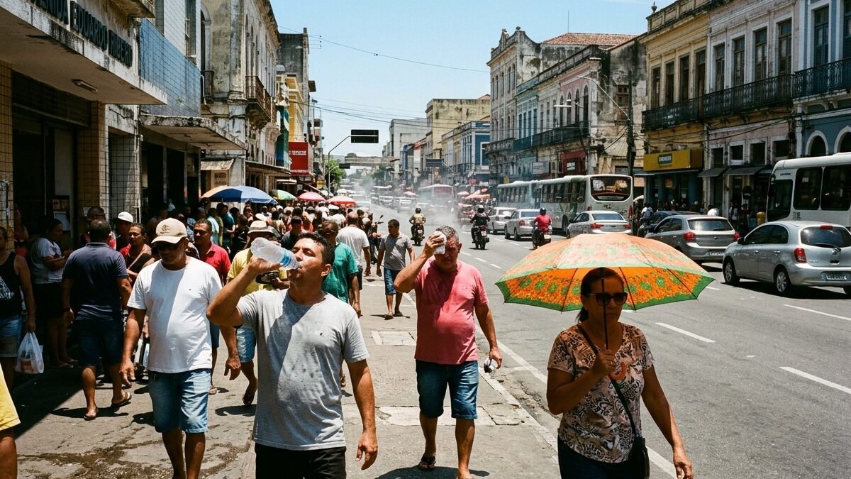 Pedestres caminhando sob sol forte e calor intenso em rua comercial de Manaus.