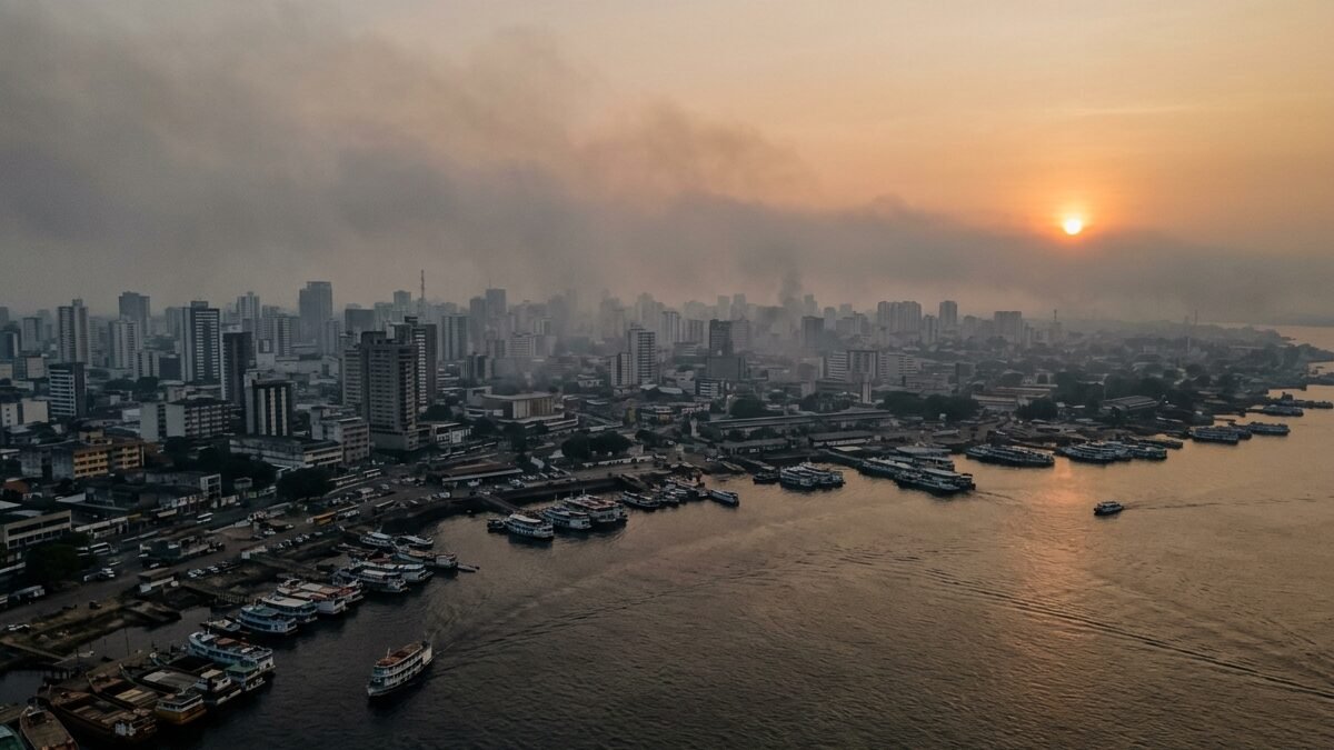 Céu de Manaus encoberto por camada acinzentada de fumaça de queimadas ao amanhecer.