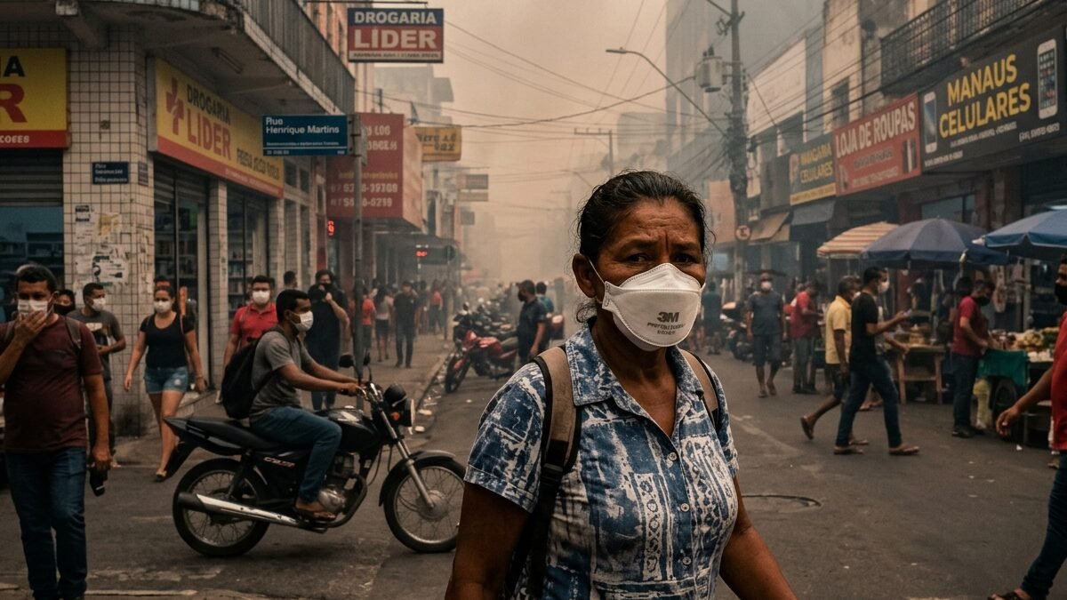Pessoa usando máscara de proteção respiratória tipo N95 nas ruas do Centro de Manaus durante a fumaça.