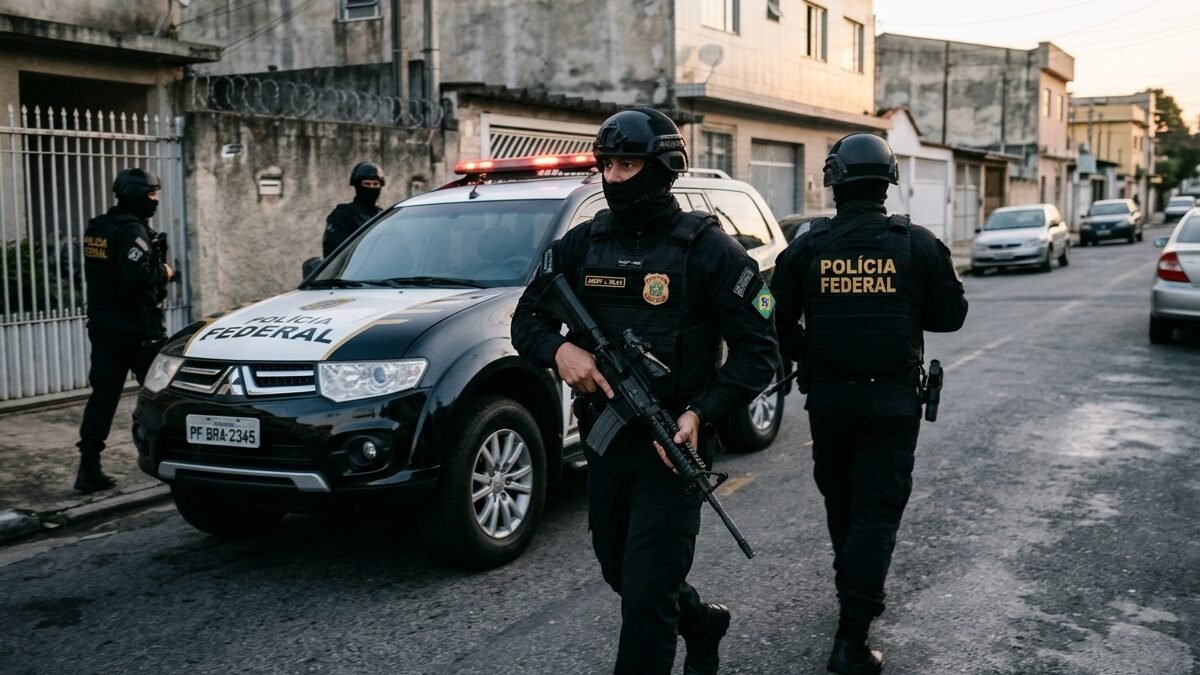 Agentes da Polícia Federal em diligência oficial com colete tático e viatura policial.