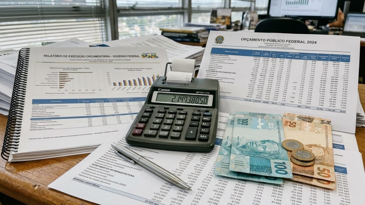Cédulas de Real brasileiro e calculadora sobre relatórios de execução do orçamento público.