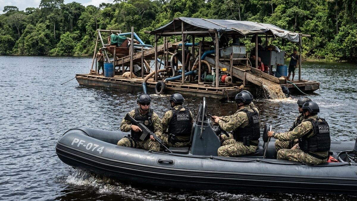 Embarcação da Polícia Federal em fiscalização contra garimpo ilegal em rio no Amazonas.