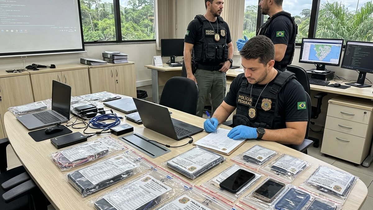Agentes da Polícia Federal com equipamentos e celulares periciados em operação em Manaus.