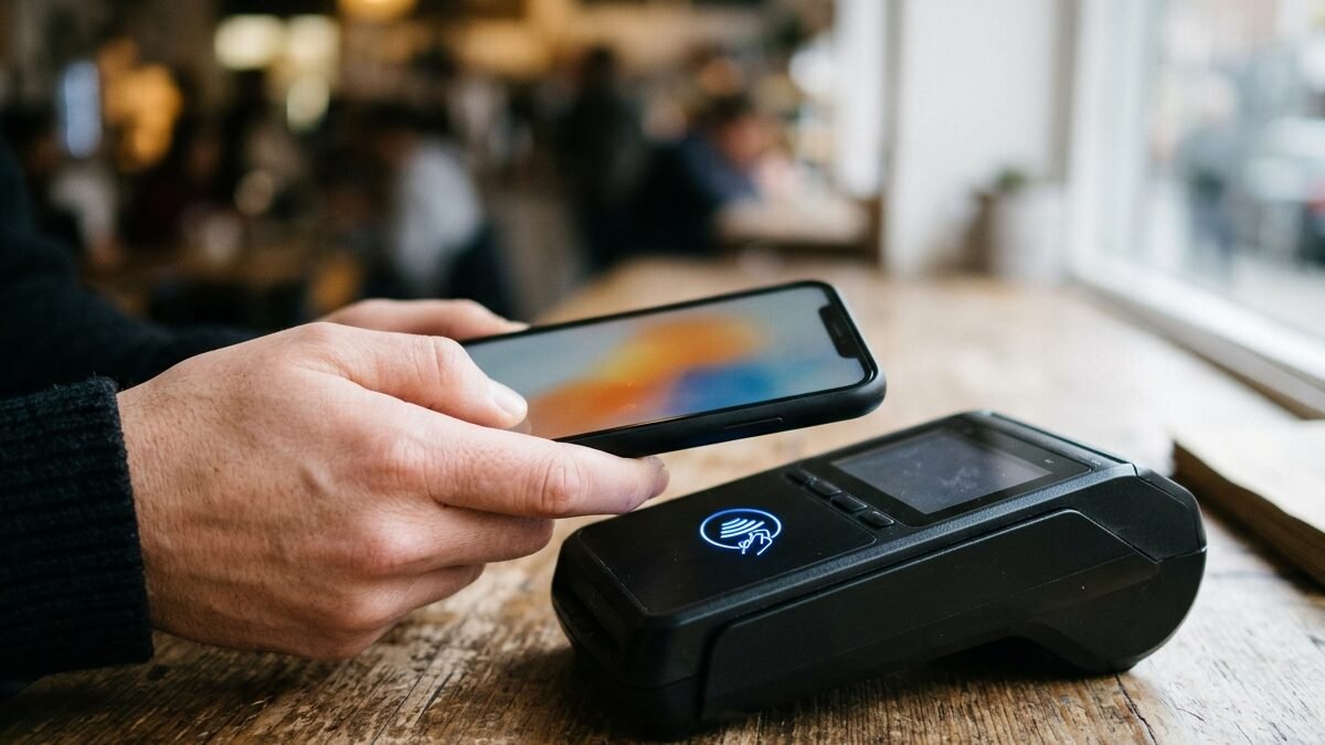 Consumidor pagando compra por aproximação com smartphone em terminal de pagamento.