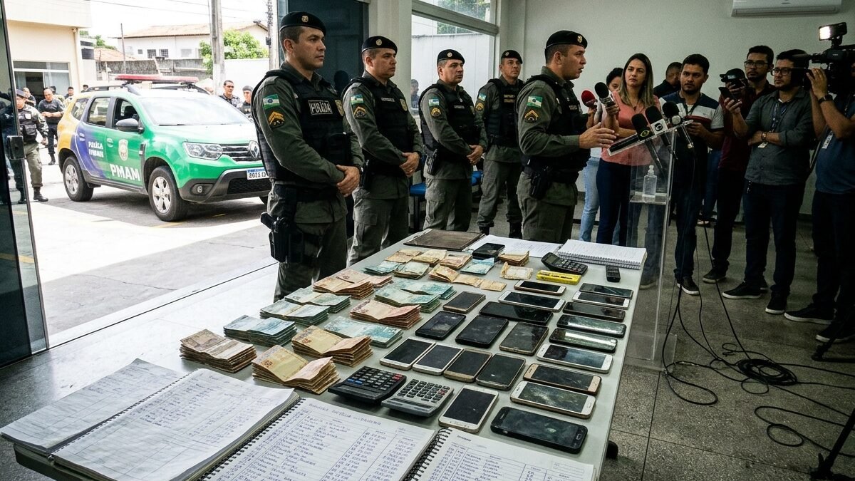 Viatura da Polícia Militar do Amazonas e apreensão de materiais em delegacia de Manaus.