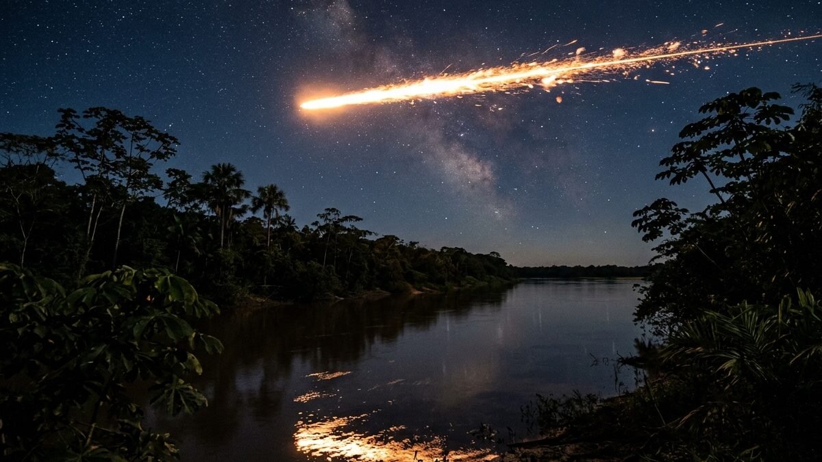 Rastro luminoso brilhante e incandescente cortando o céu estrelado sobre a copa de árvores amazônicas.