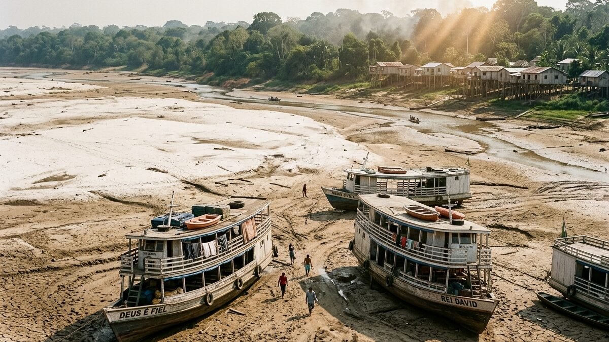 Embarcações regionais encalhadas em banco de areia durante seca severa de rio no Amazonas.
