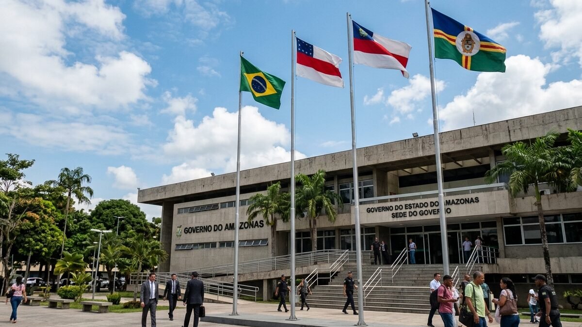 Fachada oficial da sede do Governo do Estado do Amazonas em Manaus com mastros de bandeiras.