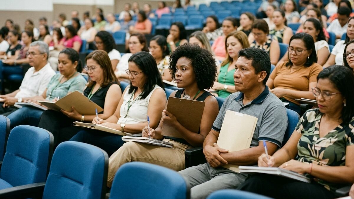 Professores e pedagogos reunidos em encontro educacional em Manaus para planejamento pedagógico.
