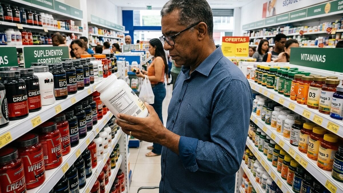 Consumidor examinando rótulos de suplementos em prateleira de farmácia.