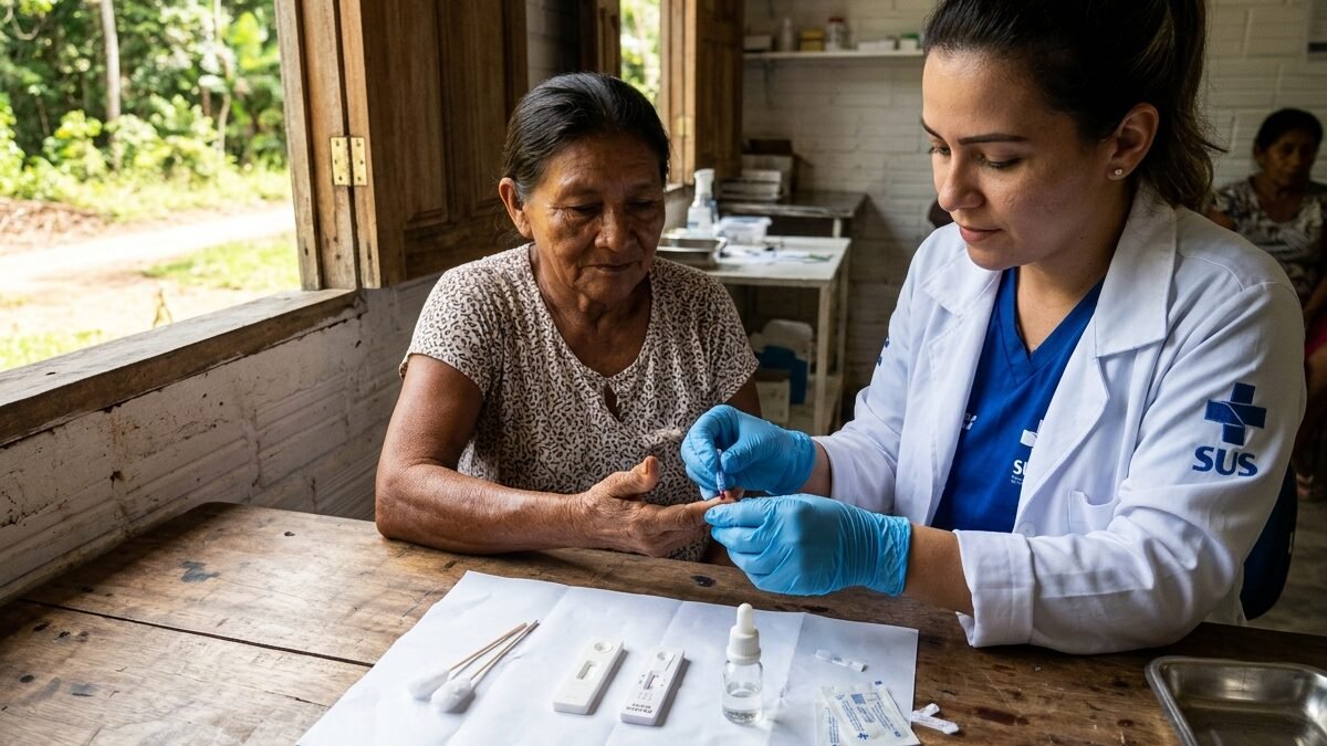 Profissional de saúde aplicando teste rápido de gota de sangue em posto de saúde no interior do Amazonas.