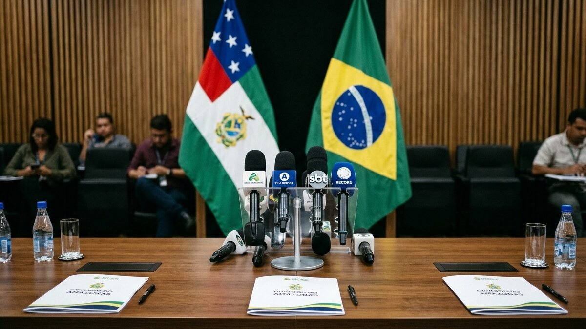Mesa de conferência e bandeira oficial do Estado do Amazonas em sede administrativa de Manaus.