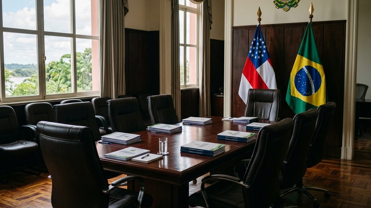 Mesa de reuniões com bandeira do Amazonas e pastas executivas de governo em Manaus.