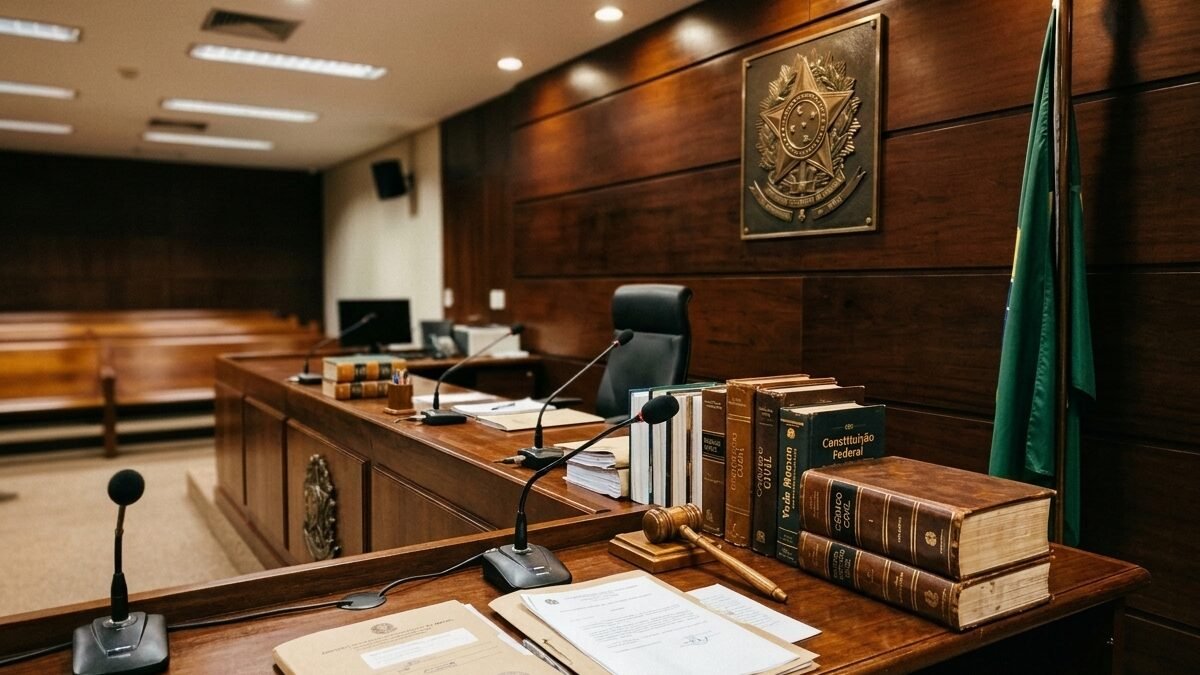 Bancada solene do plenário judicial da Justiça Federal com brasão da República e microfones.